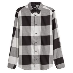 H&M Mens Black Gray White Buffalo Plaid Cotton Soft Light Button Up Shirt Medium